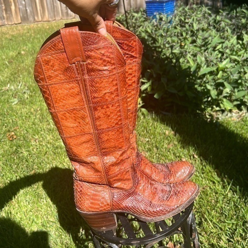 Nocona Genuine Snakeskin Tall Western Boots Cognac Brown Vtg Exotic Leather 6